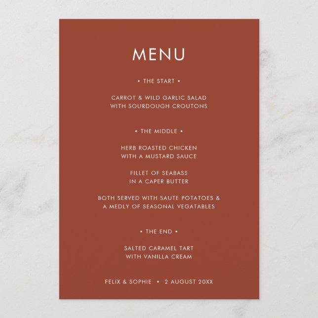 Modern Terracotta | Burnt Orange Rust Wedding Menükarte (Vorderseite)