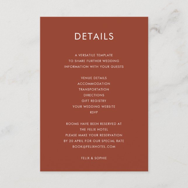 Modern Terracotta | Burnt Orange Wedding Details Begleitkarte (Vorderseite)