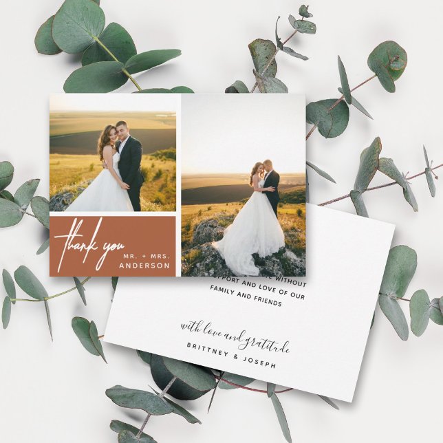 Modern Terracotta Foto Collage Vielen Dank (Two photo hand lettered thank you wedding card with a minimalistic design perfect for any couple.)
