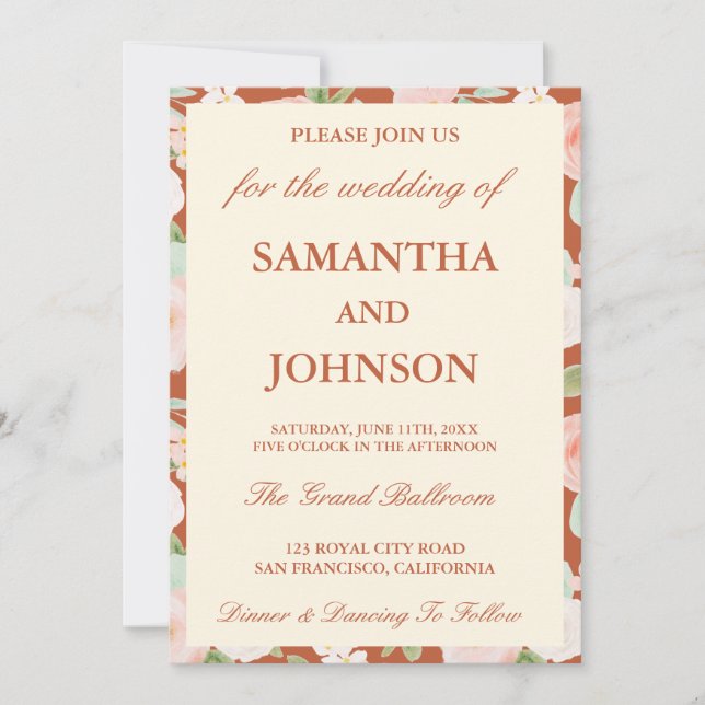Modern Terracotta Ivory Floral Monogram Wedding Einladung (Vorderseite)