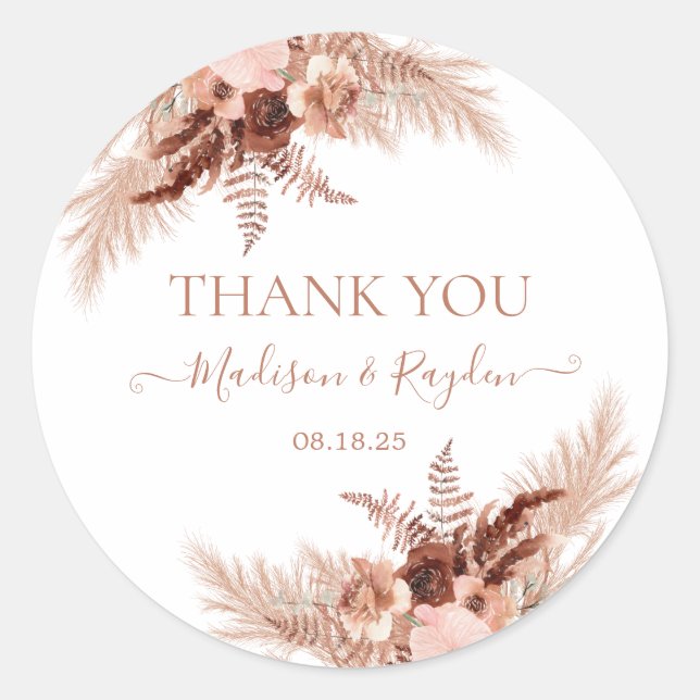 Modern Terracotta Pampas Wedding Danke Classic Runder Aufkleber (Vorderseite)