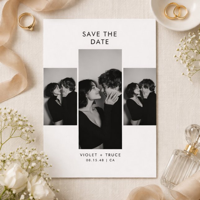Modern Three Photo Black and White Wedding Save The Date (Von Creator hochgeladen)