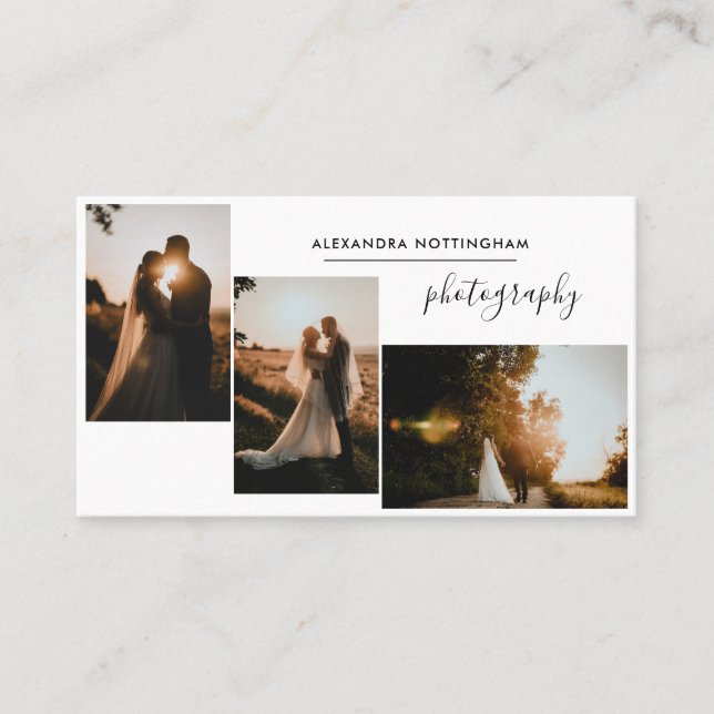 Modern Three Photo Collage Wedding Photography Visitenkarte (Vorderseite)