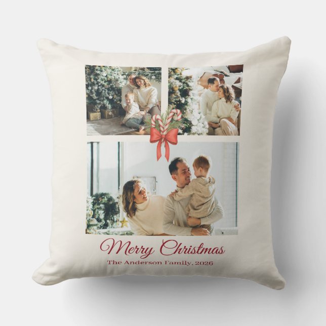 Modern Three-Photo Holiday Family Collage Kissen (Vorderseite)