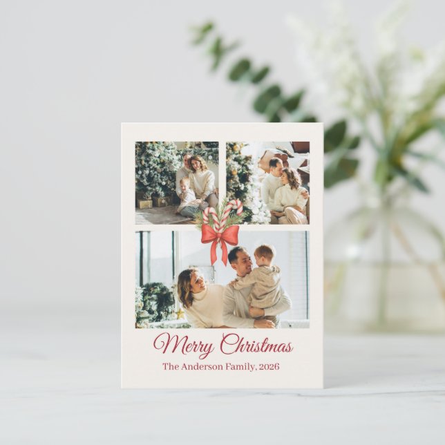 Modern Three-Photo Holiday Family Collage Postkarte (Stehend Vorderseite)