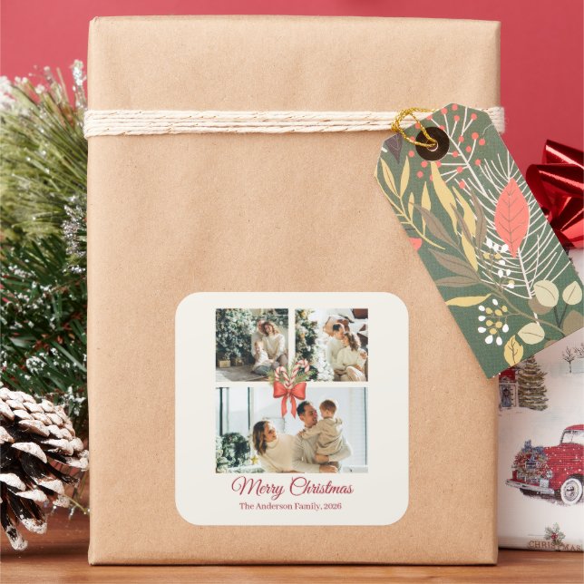 Modern Three-Photo Holiday Family Collage Quadratischer Aufkleber (Feiertag)