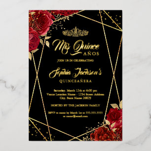 Modern Tiara Floral Gold Red Quinceanera Folieneinladung