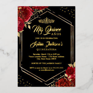 Modern Tiara Floral Red Gold Quinceanera Folieneinladung