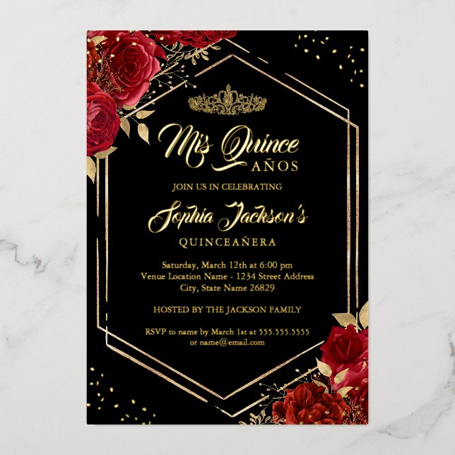 Modern Tiara Floral Red Gold Quinceanera Folieneinladung (Vorderseite)