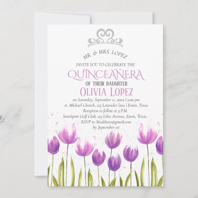 Modern Tiara Quinceañera Lila Lavender Birthday Einladung (Vorderseite)