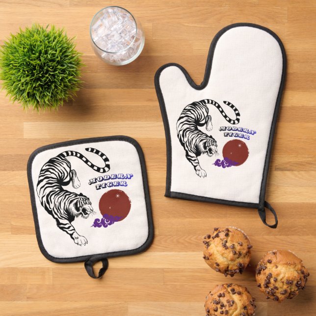 Modern Tiger Graphic Art Ofenhandschuh & Topflappen-Set (Oben Unten)