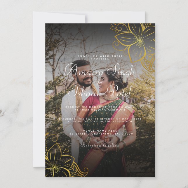 Modern & Traditional Gold Mehndi Indian Wedding Einladung (Vorderseite)