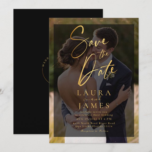 Modern transparentes Overlay-Foto Save the Date in Einladung (Vorne/Hinten)
