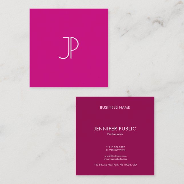 Modern Trend Color Viva Magenta Monogram Initial Quadratische Visitenkarte (Vorne/Hinten)