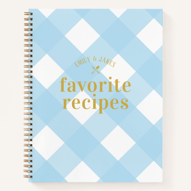 Modern Trendy Blue Gingham Newlyweds Rezept Buch (Vorderseite)
