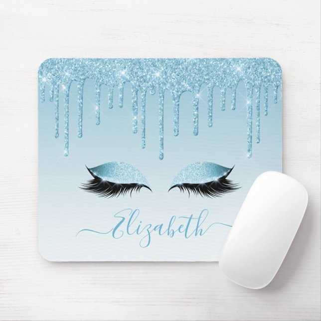 Modern Trendy Blue Glitzer Lashes Stilschrift Mousepad (Mit Mouse)