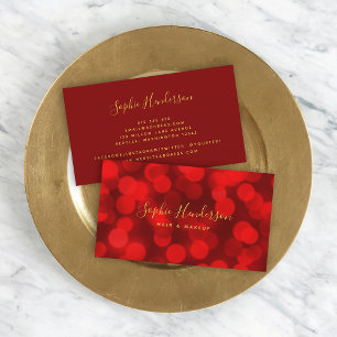 Modern Trendy Calligraphy Ruby Red Bokeh Lights Visitenkarte
