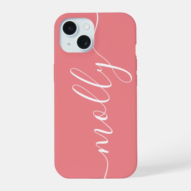 Modern Trendy Coral Pink Kalligraphie Name iPhone 15 Hülle (Rückseite)