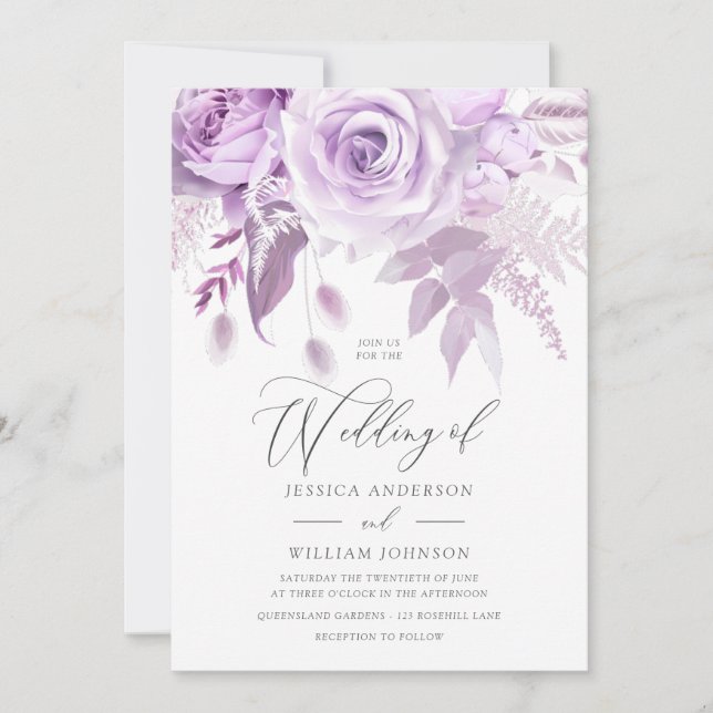 Modern Trendy Designer Lavender Rose Wedding Einladung (Vorderseite)