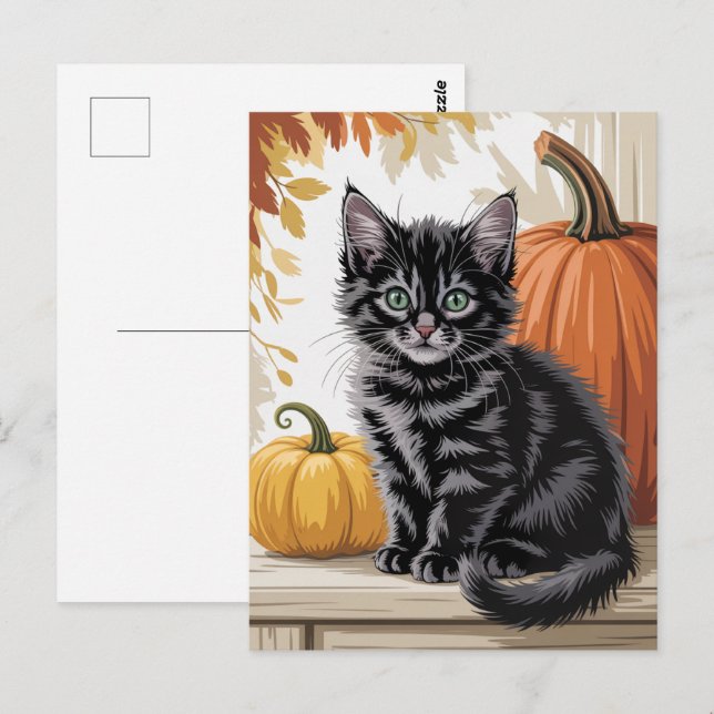 Modern Trendy Halloween Pumpkins and Black Cat  Postkarte (Vorne/Hinten)