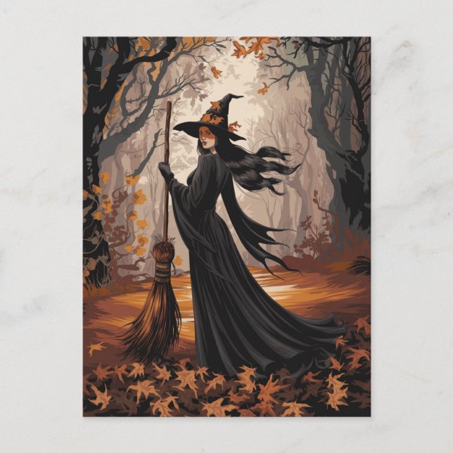 Modern Trendy Halloween Witch in Forest            Postkarte (Vorderseite)