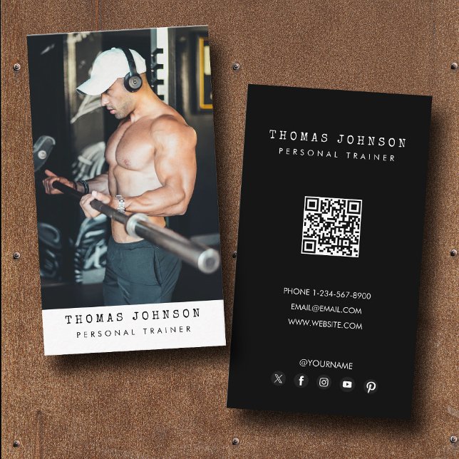 Modern Trendy Personal Trainer Fitness Photo Black Visitenkarte (Modern Trendy Personal Trainer Fitness Photo Black Business Card)