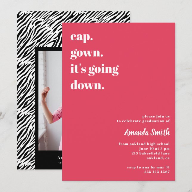 Modern Trendy Pink Zebra Graduation Party Foto Einladung (Vorne/Hinten)