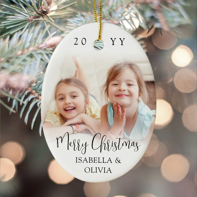 Modern Trendy Script Merry Christmas 2 Photos Oval Keramik Ornament (Von Creator hochgeladen)