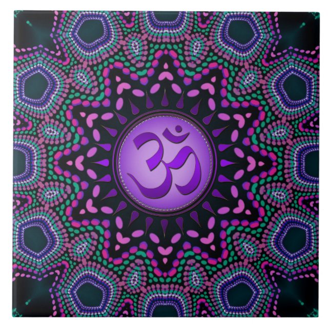 Modern Tribal Lila Om Mandala Keramik Tile Fliese (Vorderseite)