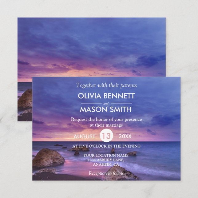 Modern Tropical Beach Sand Sunset Sea Wedding Card Einladung (Vorne/Hinten)