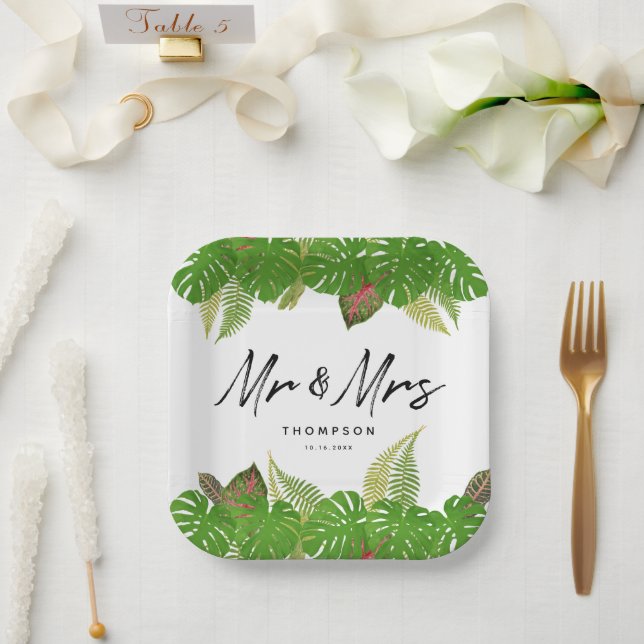 Modern Tropical Blätter Script Wedding Pappteller (Hochzeit)