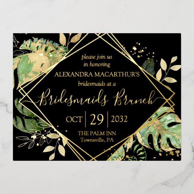 Modern Tropical Bridesmais Brunch Gold Folie Einladungspostkarte (Vorderseite)