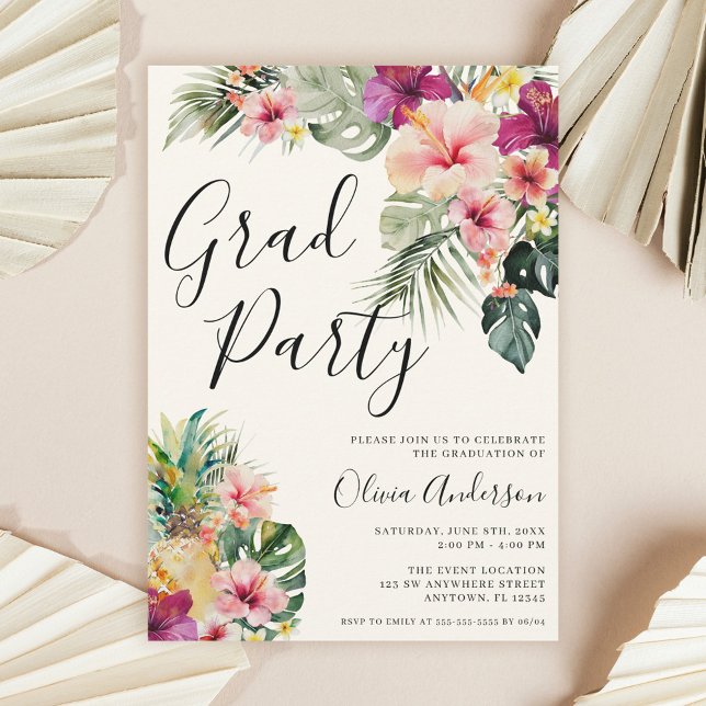 Modern Tropical Floral Beige Graduation Party Einladung (Von Creator hochgeladen)