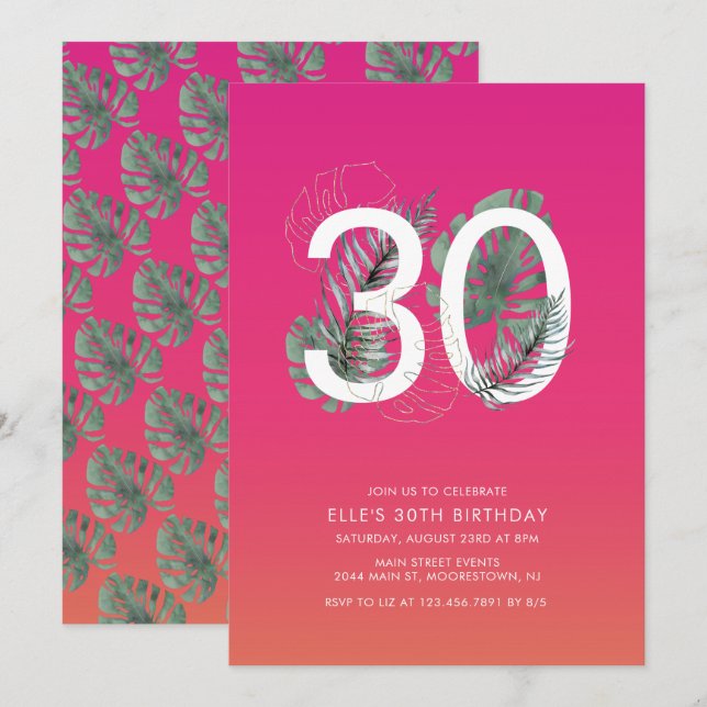 Modern Tropical Fuchsia 30. Geburtstag Einladung (Vorne/Hinten)