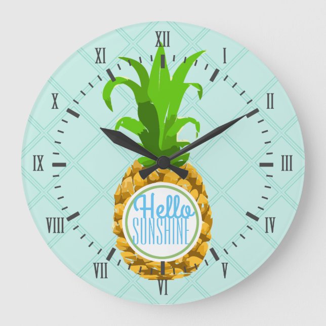 Modern Tropical Pineapple Hello Sunshine Große Wanduhr (Vorderseite)