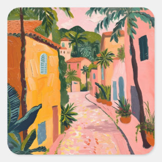 Modern Tropical Plant Print – Pink and Green Quadratischer Aufkleber