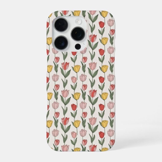 Modern Tulip Floral Pattern Soft Botanical Spring iPhone 16 Pro Hülle (Rückseite)
