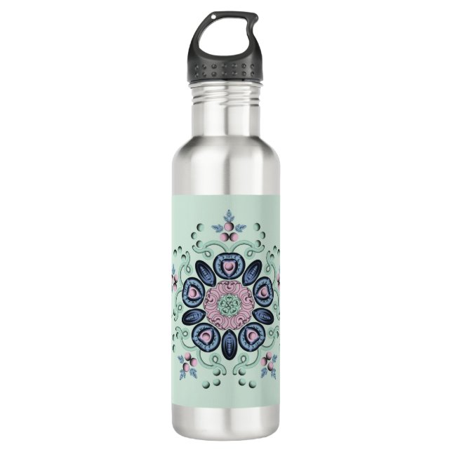 Modern Turquoise & Pink Floral Mandala Edelstahlflasche (Vorderseite)