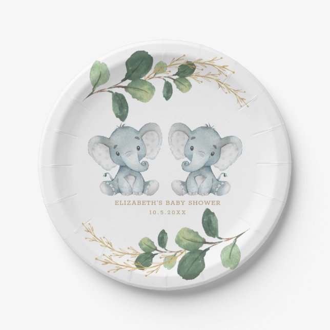 Modern Twin Elephant Greenery Gold Baby Dusche Pappteller (Vorderseite)