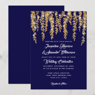 Modern Twinkle Lights Willow Tree Blätter Navy Gol Einladung