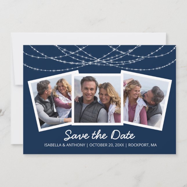 Modern Twinkle String Light Blue 3-Foto Save The Date (Vorderseite)