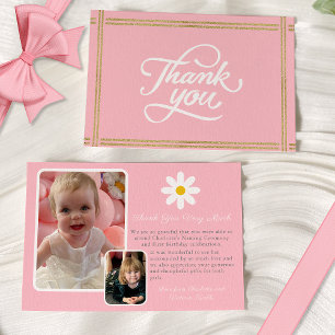 Modern Two Foto Pink White Gold Daisy Vielen Dank Einladung
