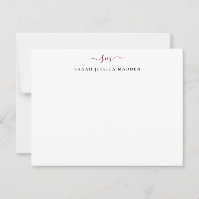 Modern Two Monogram Initial Girly Script Burgundy Mitteilungskarte (Vorderseite)