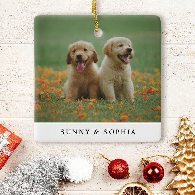 Modern Two Sided Pet Dog Name Christmas Photo Keramikornament (Von Creator hochgeladen)