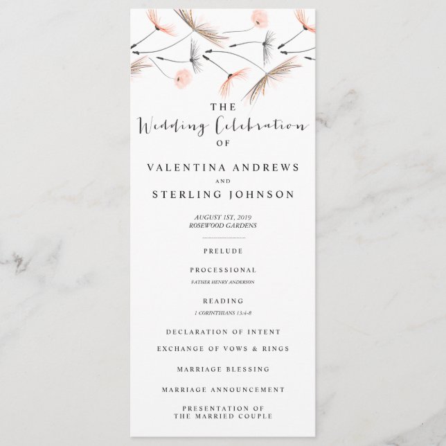 Modern Typografy Dandelion Wedding Program Card Programm (Vorderseite)