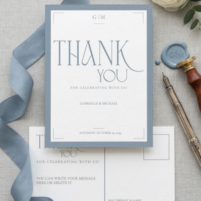 Modern Typography Dusty Blue Wedding Thank You  Postkarte (Von Creator hochgeladen)