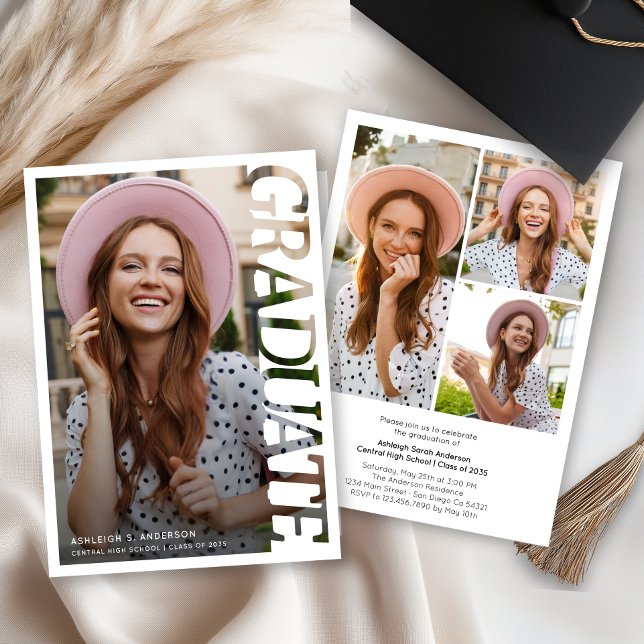 Modern Typography Graduate 3 Photo Collage Einladung (Von Creator hochgeladen)