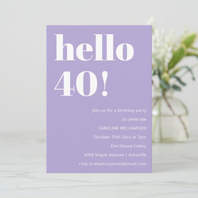 Modern Typography Lavender 40th Birthday Party Einladung (Stehend Vorderseite)