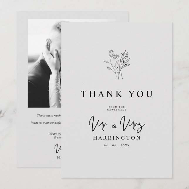 Modern Typography MR & MRS Floral Bouquet Photo  Dankeskarte (Vorne/Hinten)