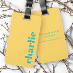Modern typography yellow and teal gepäckanhänger<br><div class="desc">Modern,  minimal luggage tag with your custom name or text aligned vertically to the right on a yellow background.</div>